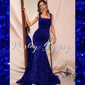 Blue Sequined Pendulum Special Event Maxi Dress